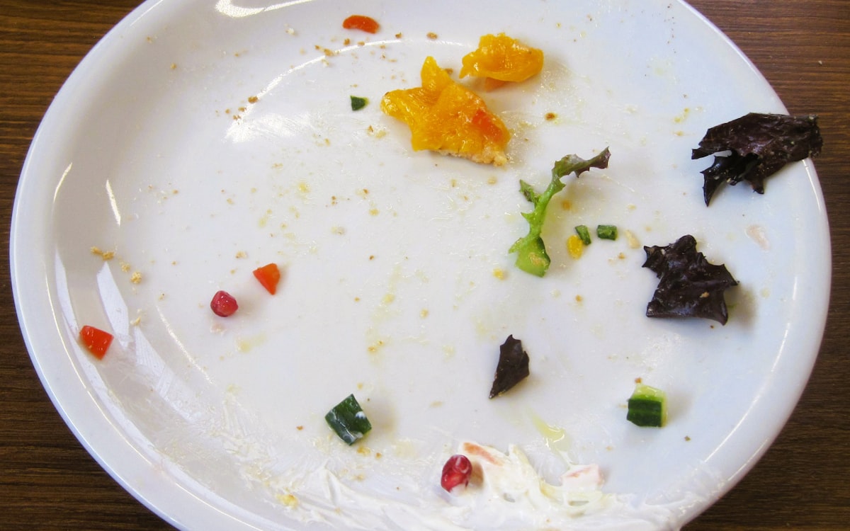 The plate shows leftover food scraps