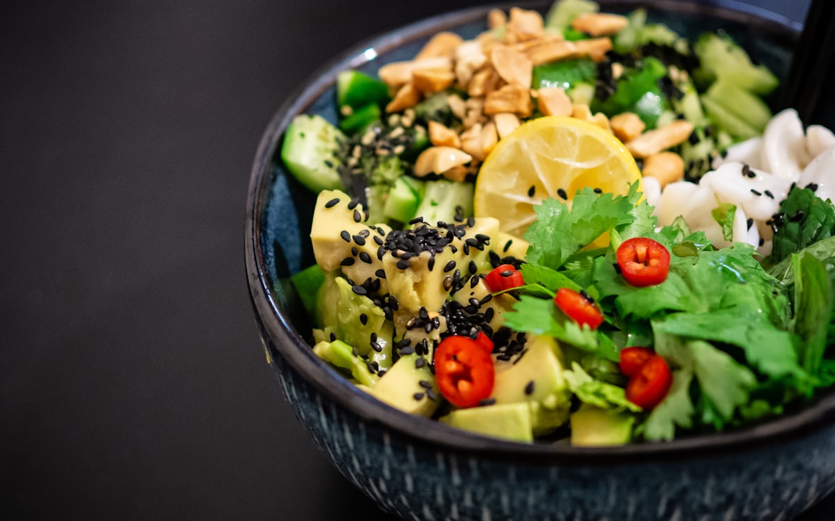 Vegetable salad in gray bowl