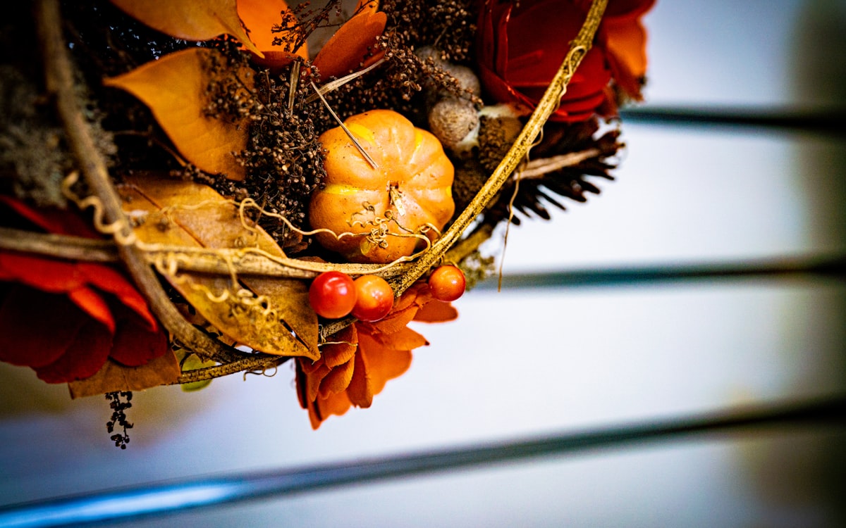 A close up of a bunch of autumn decorations