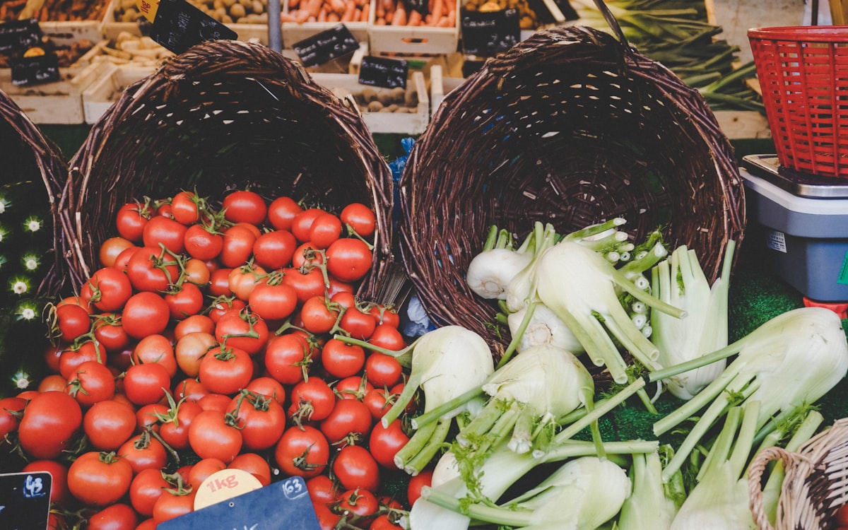 Basket of tomatoes and vegetables